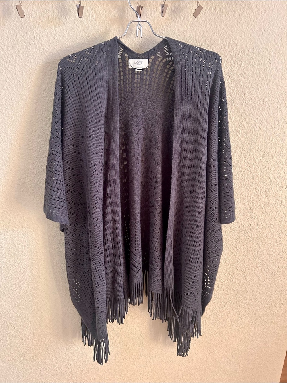 LOFT Dark Charcoal Open-Knit Fringe Poncho